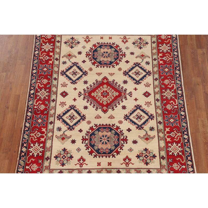Geometric Beige Kazak Oriental Area Rug Handmade Wool Carpet - 5'0" x 6'8"