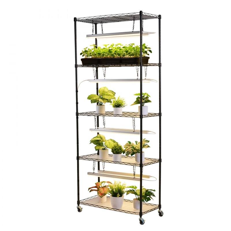 Black Metal 5-Tier Indoor Plant Stand with 8 LED Grow Lights and Timer, 71-Inch Adjustable Shelves on Wheels