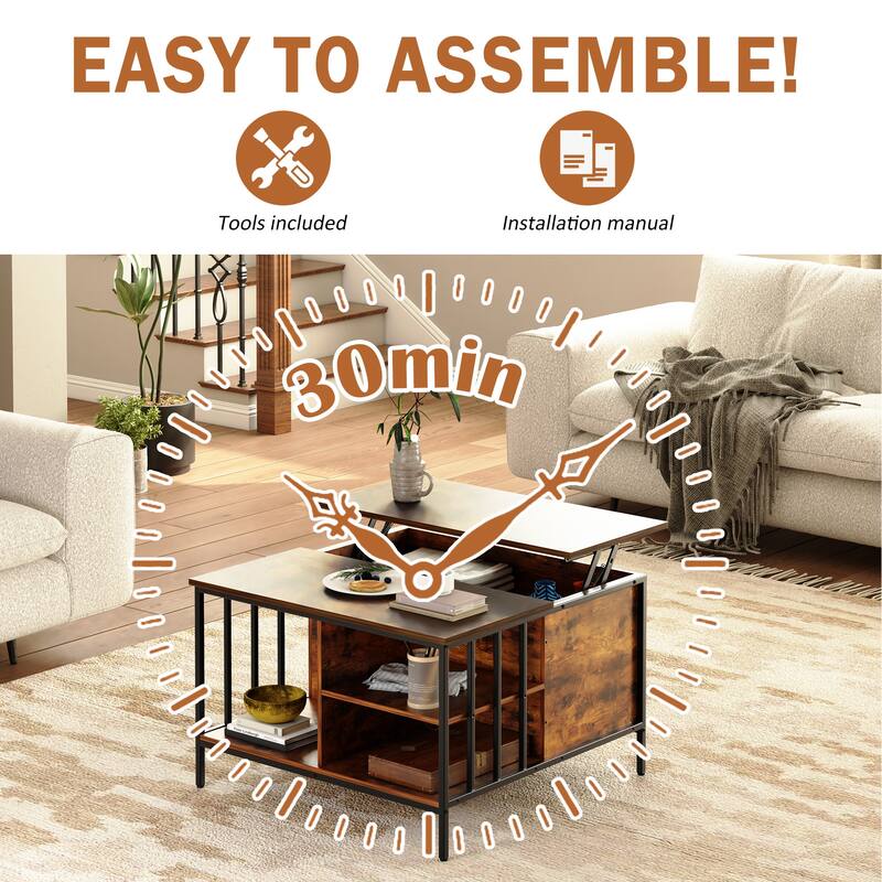 Flip-Top Coffee Table with Storage - 31.5" Lift-Top Rectangular Table with Hidden Compartment & Shelves
