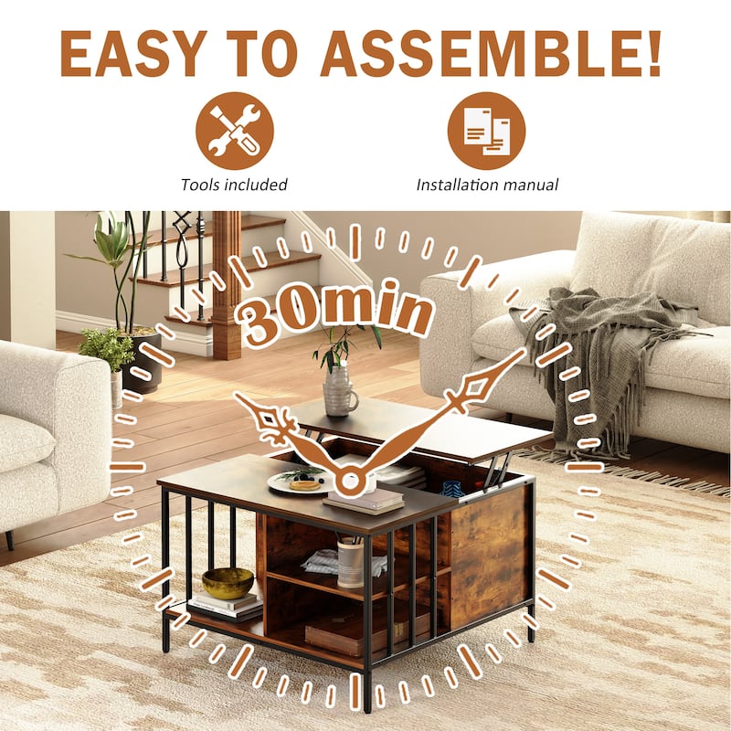 Flip-Top Coffee Table with Storage - Dark Walnut Hidden Compartment - Easy Assembly Living Room Table