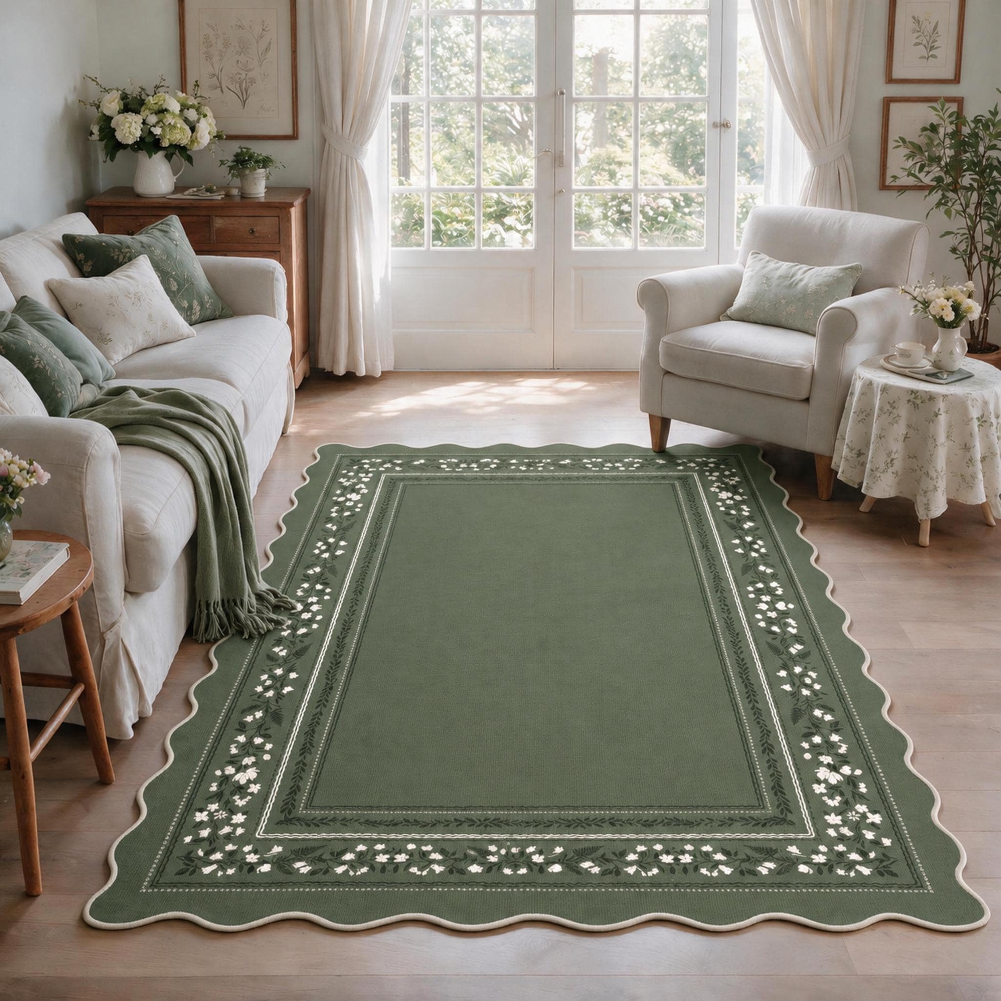 Scalloped Floral Botanical Washable Indoor Outdoor Area Rug