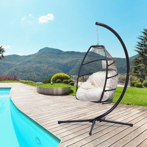 Outdoor Patio Wicker Folding Hanging Chair,Rattan Swing Hammock Egg Chair With C Type Bracket,With Cushion And Pillow