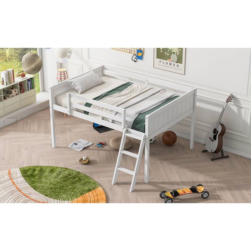 Full Size Wood Low Loft Bed with Ladder