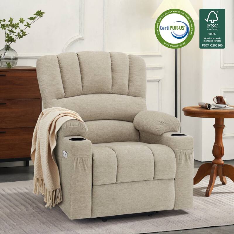MCombo Power Lift Recliner Chair, Massage and Heat for Elderly, Extended Footrest,Cup Holders, USB Ports 7095 - Fabric-Beige