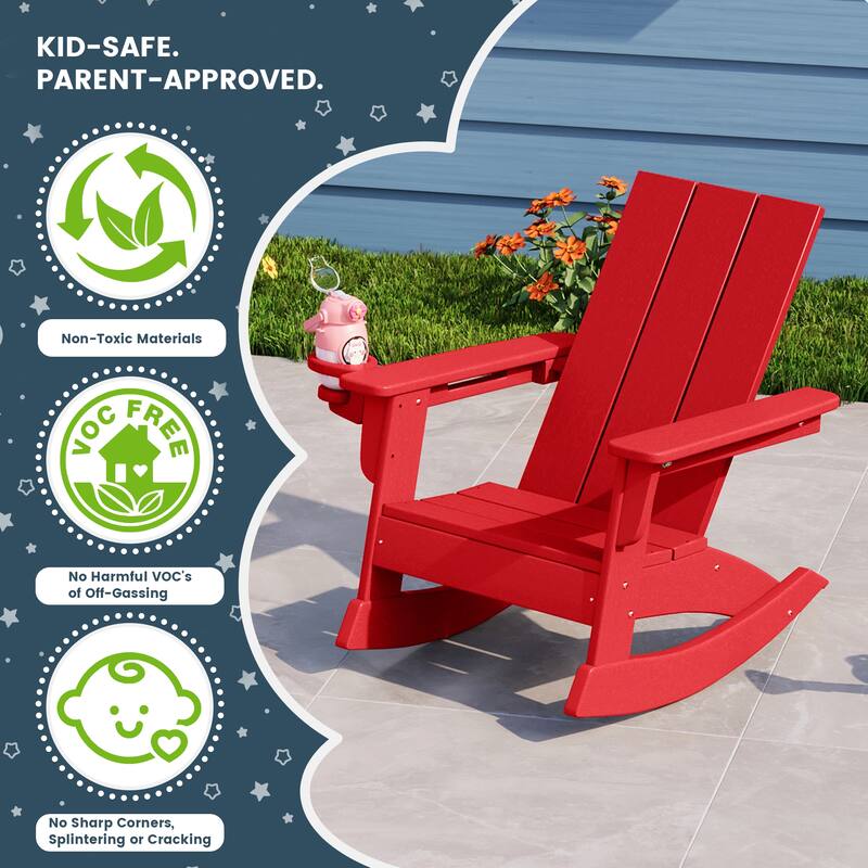 Shoreside Kids Outdoor Poly Adirondack Rocking Chair with Cup Holder (Set of 2)