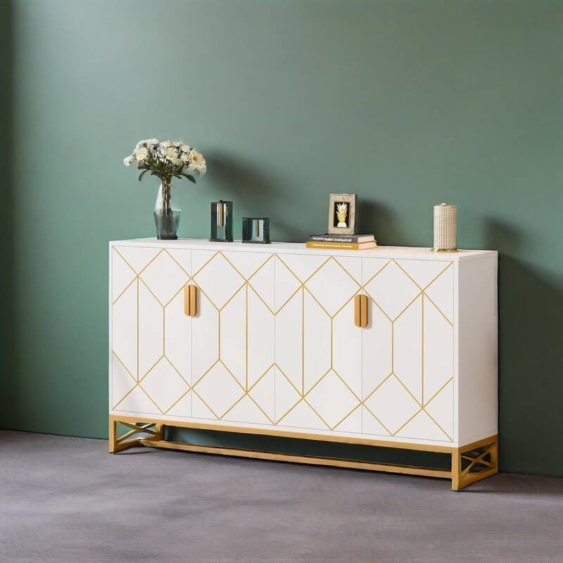 Modern White Storage Cabinet with Gold Accents and Adjustable Shelves for Living Room or Kitchen - 59.05" x 13.77" x 35.82"
