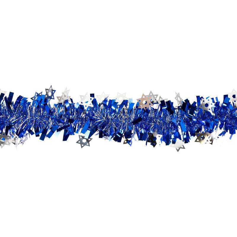 Star of David Hanukkah Tinsel Garland - 50' x 3.5" - Blue & Silver - Unlit