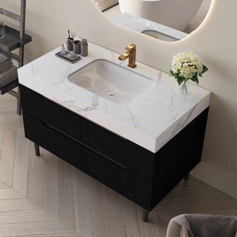 35.4" Farmhouse Floating Bathroom Vanity - Sintered Stone Top with Undermount Sink, 4 Drawers, Wall-Mounted