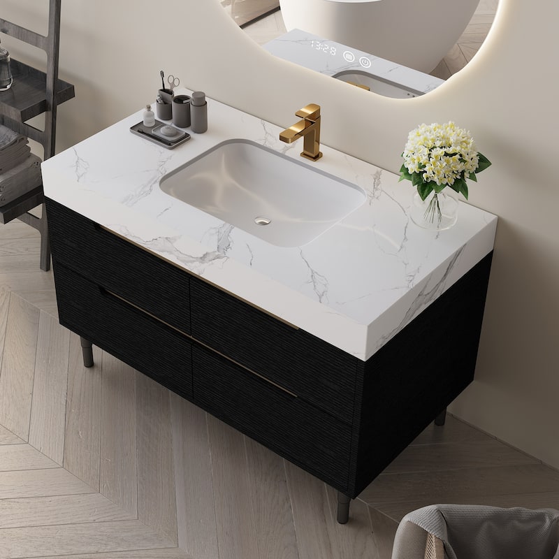 GDFStudio - Luxury 35.4" Versatile Floating/Freestanding Sintered Stone Bathroom Vanity with Ceramic Sink & Soft-Close Drawers