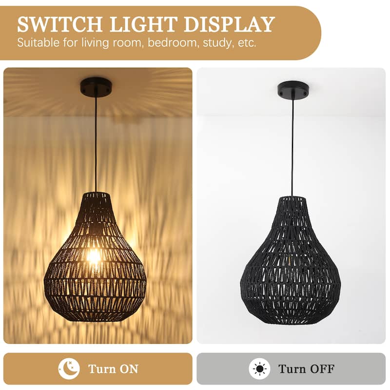 1-Light Cage Hanging Pendant Light Chandelier with Paper Rattan Shaded for Kitchen Island