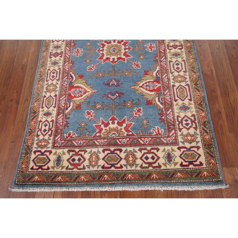 Blue Geometric Kazak Oriental Foyer Rug Handmade Wool Carpet - 2'11" x 4'11"
