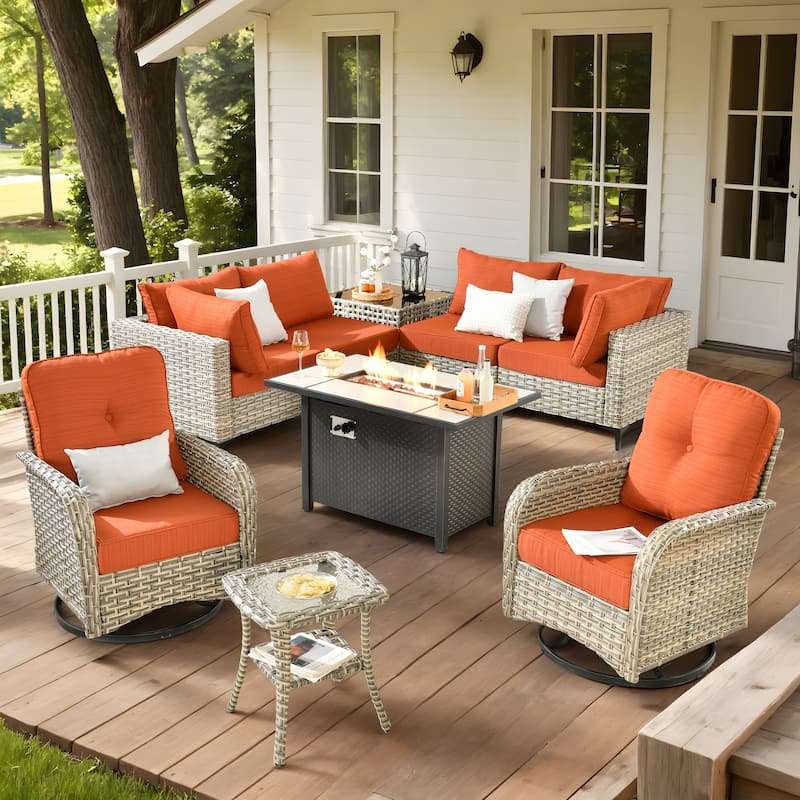XIZZI 9-piece Patio Furniture Outdoor Wicker Chair Set with Fire Table - Red/Orange