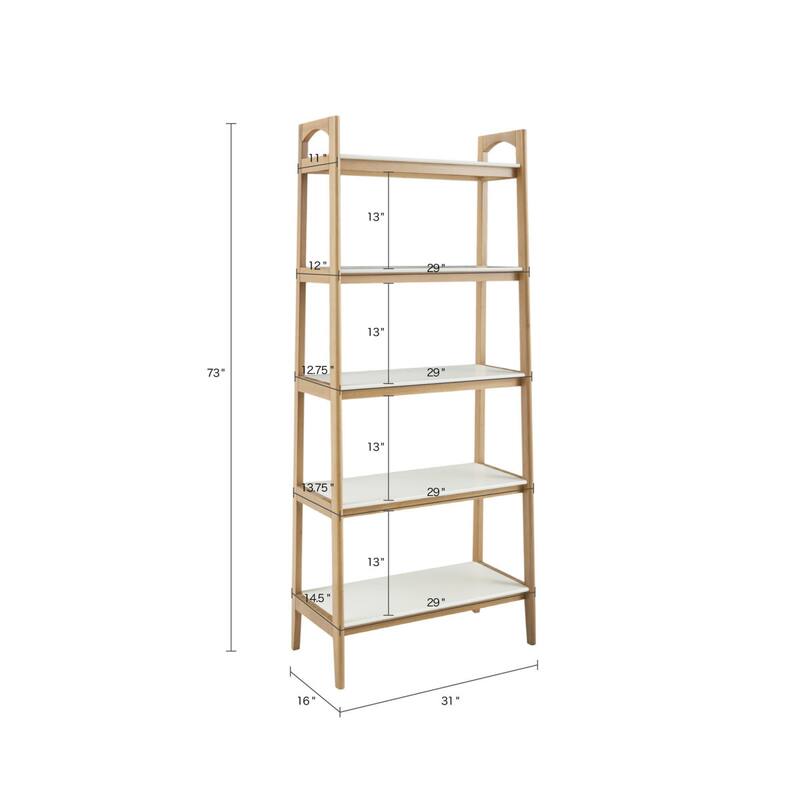 Roomfitters 5 Shelf Bookcase, Tall Narrow Open Shelf with Solid Wood Frame, Mid Century Display Shelf, Off-White - Off-White+Natural