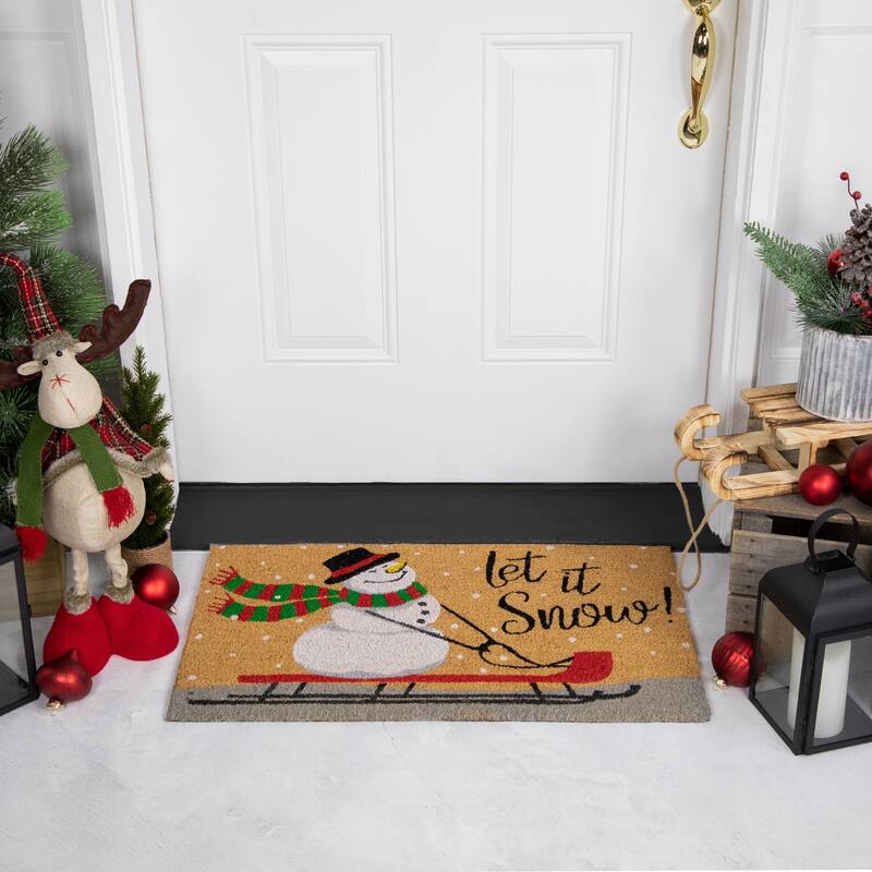 Brown White Snowman Let it Snow Coir Christmas Doormat 18" x 30"