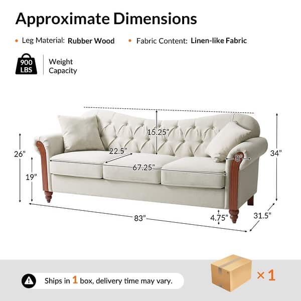 dimension image slide 4 of 5, Mario Traditional 83"Wide Tufted Sofa With Solid Wood Legs and Pillows by HULALA HOME