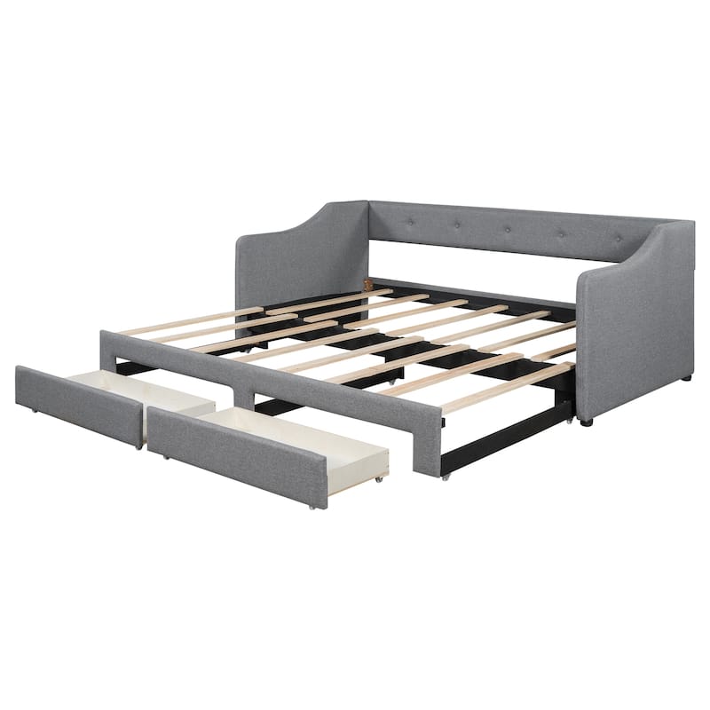 Convertible Twin XL to King Size Upholstered Daybed with Two Drawers, Gray