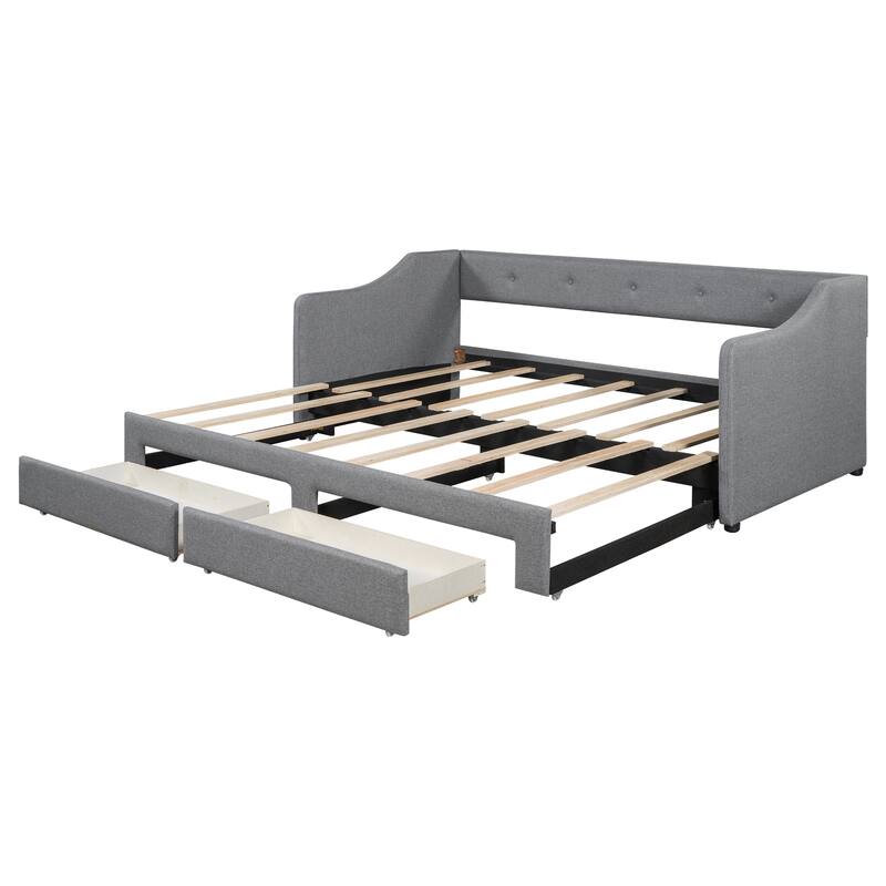 Twin XL to King Upholstered Daybed with Two Storage Drawers, Expandable Design, No Box Spring Required