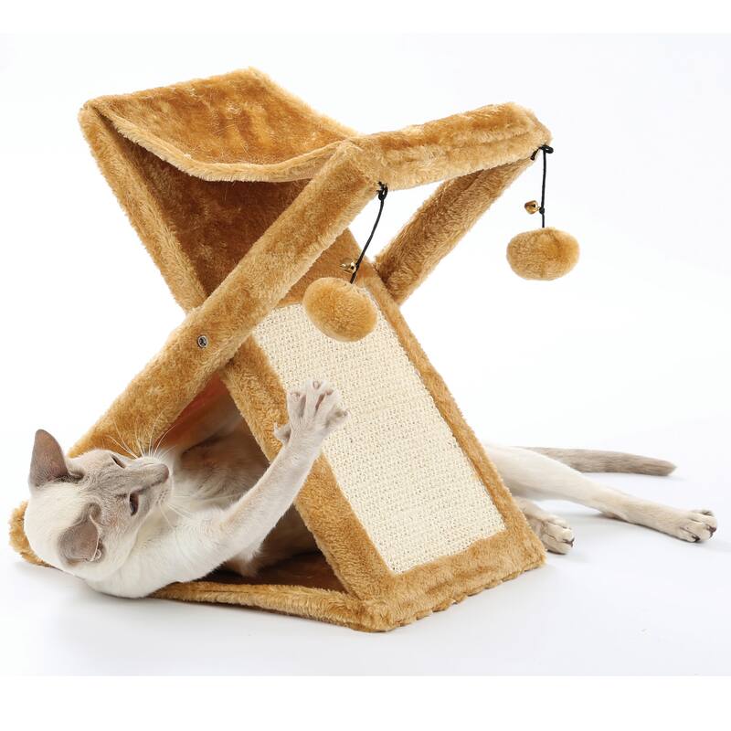 Foldaway Cat Play Tower & Scratching Post W/ Hanging Balls