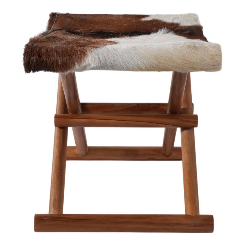 Foldable Backless Cowhide Storage Stool with Solid Wood Frame