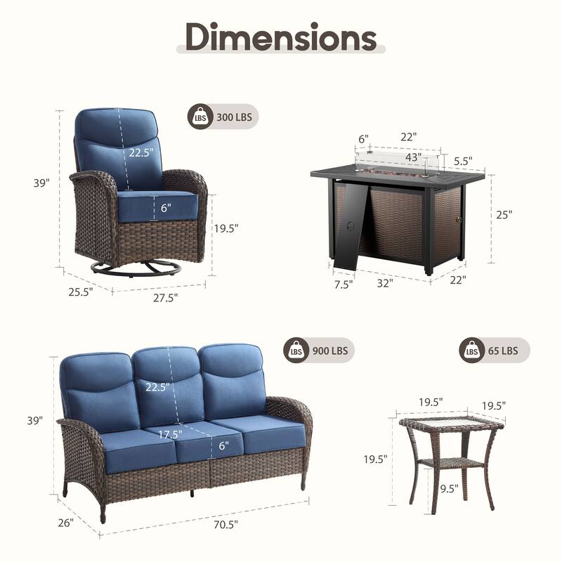 Luna 5-Piece Wicker Outdoor Patio Fire Pit Sofa Set with 6-Inch Thick Cushions