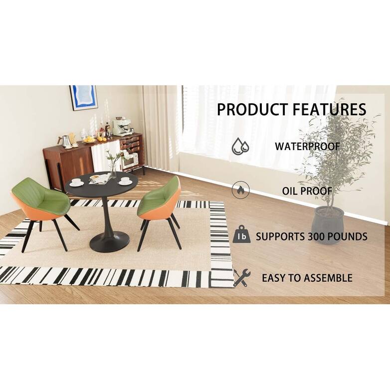 31.5 " MDF round dining table, tulip dining table, and 2 artificial leather decorative chairs with black metal legs