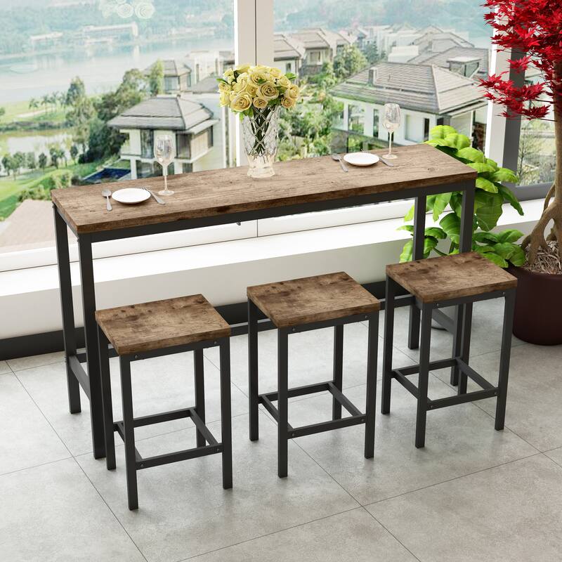 Counter Height Extra Long Dining Table Set with 3 Stools Pub Kitchen Set Side Table with Footrest
