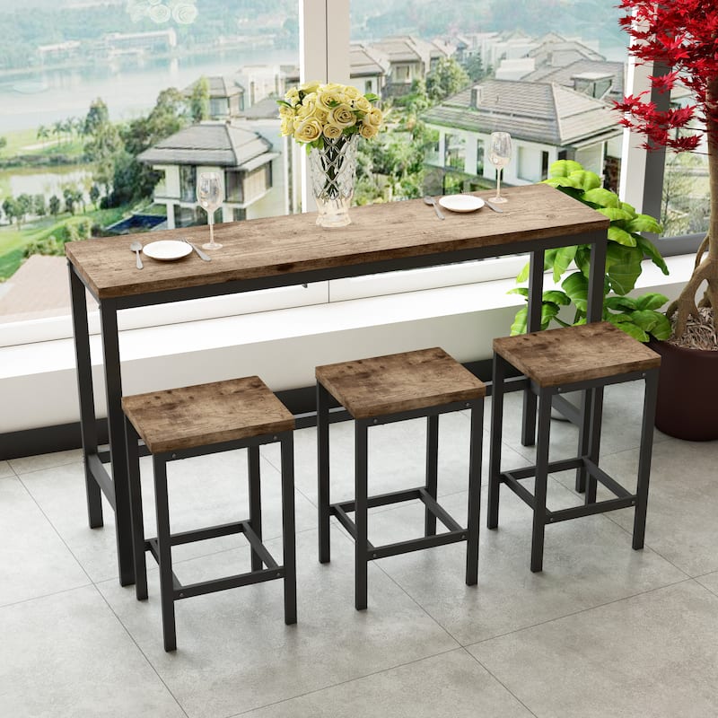 Long Dining Table Set with 3 Stools Pub Kitchen Set Side Table with Footrest