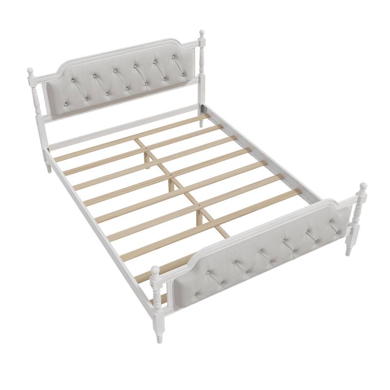 Queen Size Solid Wood Bed Frame with Tufted Upholstered Headboard, No Box Spring Needed, Antique White