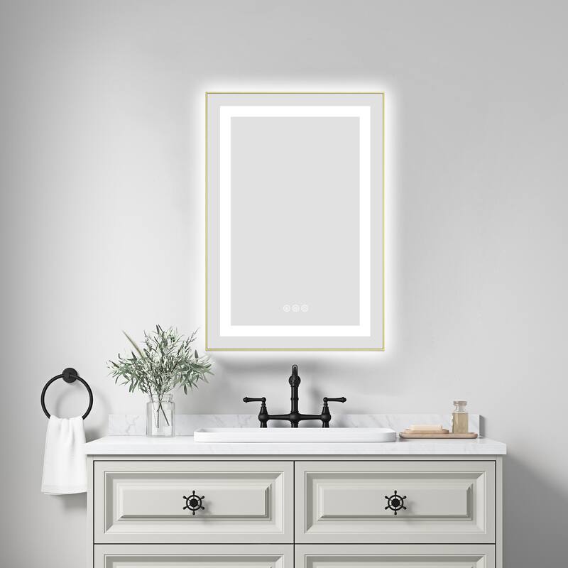 20" x 30" LED Bathroom Mirror with Front and Backlight, Wall Mounted Vanity Mirror with Aluminum Frame, Anti-Fog - Brushed Gold