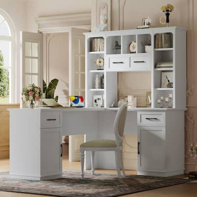 L-Shaped Computer Desk with 2 Cabinets and 2 Drawers,11 Open Shelves,with Electrical Outlet,for Study,Living Room and Office