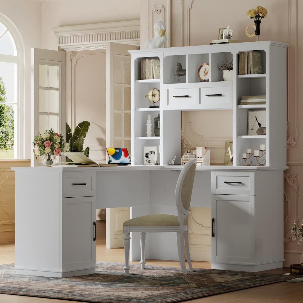 L-Shaped Office Desk Study Desk with Storage Cabinets, Home Workstation Large Corner Desk with Open Shelves & Electrical Outlet