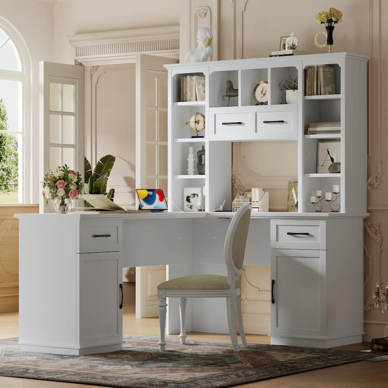 Roomfitters L-Shaped Computer Desk with Hutch, 2 Cabinets, 2 Drawers and 11 Open Shelves, with Power Outlet - White