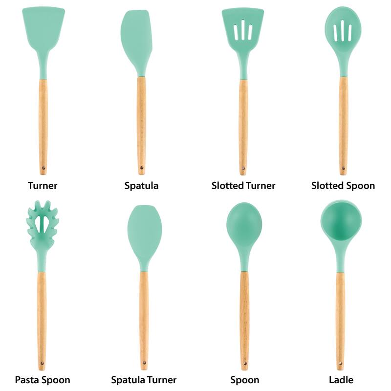 9 Piece Silicone and Wood Cooking Utensils in Turquoise