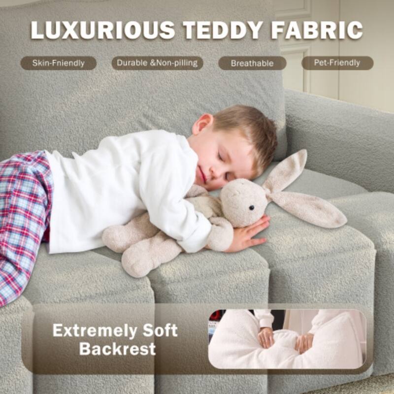 90.2 Inch King 3-in-1 Sleeper Sofa with Seat Storage, Modern 4-Seater Convertible Teddy Fabric Couch