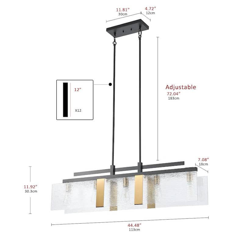 Farmhouse Matte Black 5-Light Rectangle Glass Chandelier for Kitchen Island