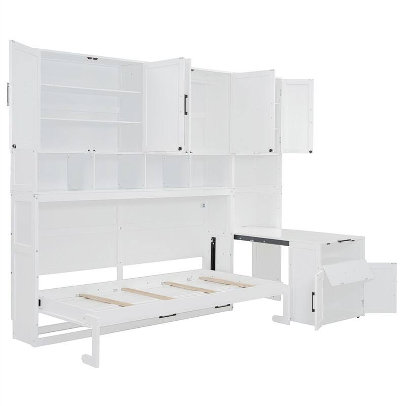 Twin Size Murphy Bed with Closet, Desk and Storage Shelves, Space Saving Design Murphy Bed Cabinet with Open Storage