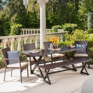 Tritan Outdoor 6-piece Rectangle Aluminum Wicker Dining Set with Cushions by Christopher Knight Home