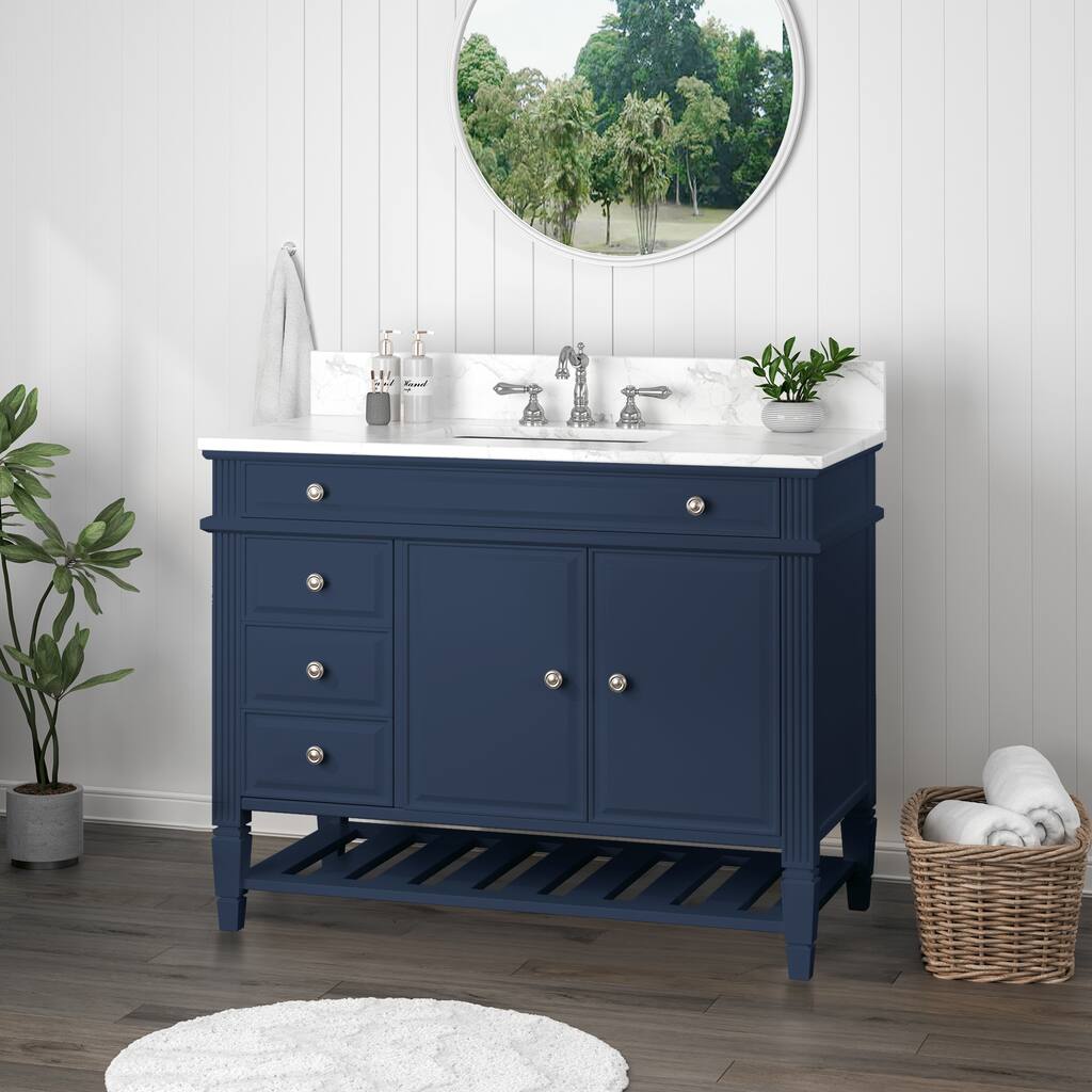 42-Inch Bathroom Vanity with Artificial Marble Countertop, Single Sink, Storage Shelf, Drawers, and Double Door Cabinet
