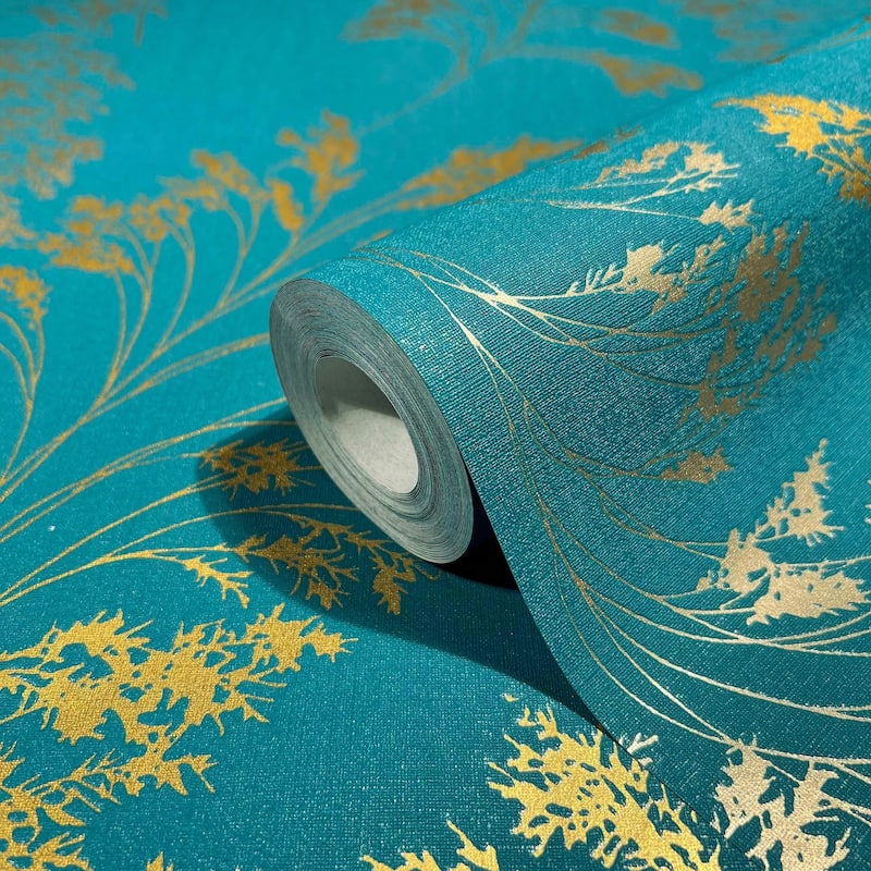 Galerie Wallcoverings Shrub Leaf On Plain Linen Texture Vinyl on Non-woven Soft Metallic Wallpaper Roll