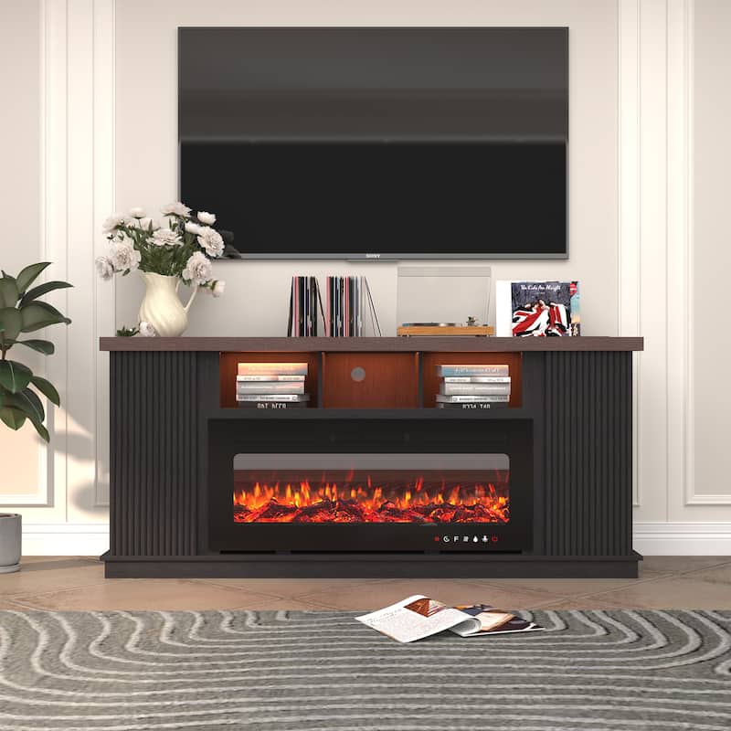 70" TV Stand for TVs up to 85" with Electric Fireplace, Vintage Double Door Cabinet, Dark Walnut, for Living Room & Bedroom