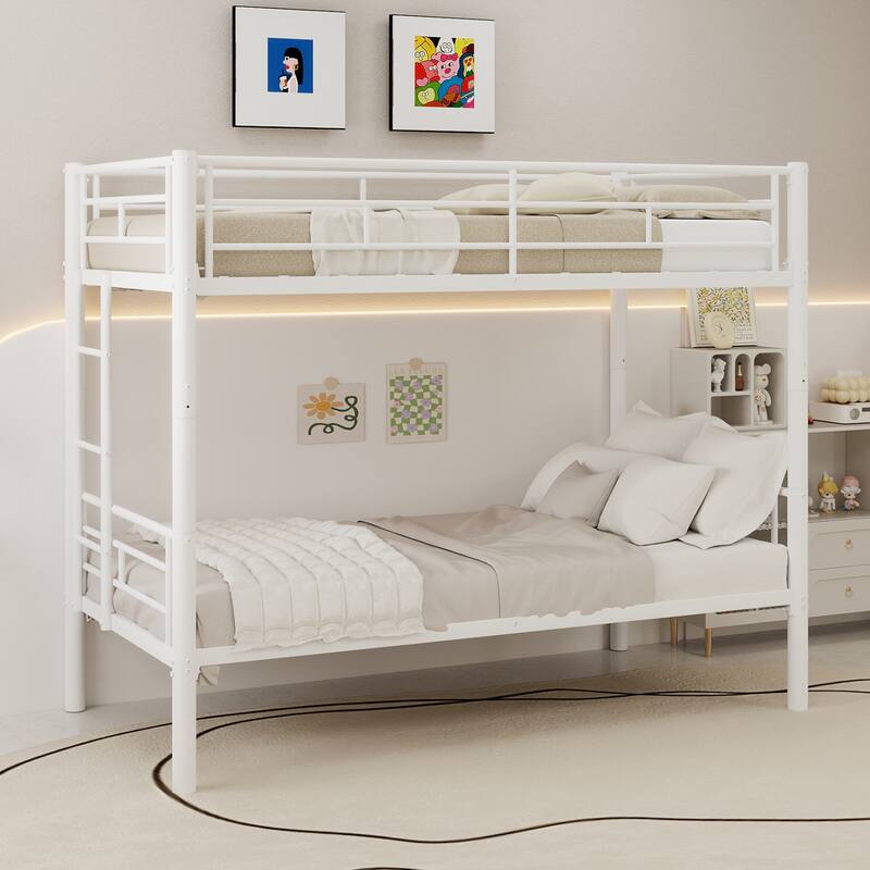 Twin Over Twin Metal Bunk Bed for Kids Boys Girls, Metal Structure Bedframe with Ladders & Guardrail, Convertible 2 Beds - White
