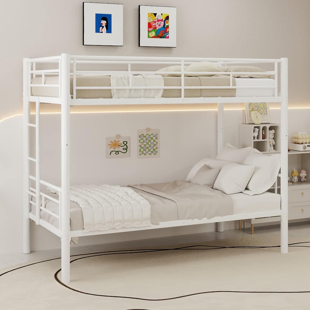 Twin Over Twin Metal Bunk Bed for Kids Boys Girls, Metal Structure Bedframe with Ladders & Guardrail, Convertible 2 Beds