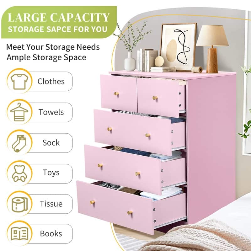 5-Drawer Dresser For Bedroom And Chest Of Drawers With Sturdy Construction Wood Storage Organizer For Closet