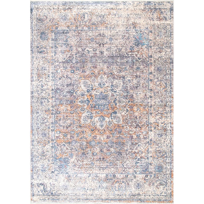 Nuloom Blue Traditional Mystique Medallion Ombre Shadow Fringe Area Rug