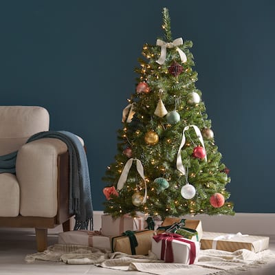 Pre-Lit 4.5FT Artificial Christmas Tree with 200 LED Lights, Hinged Branches, and Metal Stand for Festive Home Decor