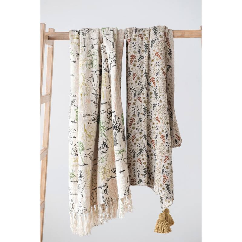 Woven Recycled Cotton Blend Printed Throw Blanket with Neutral Floral Pattern and Tassels