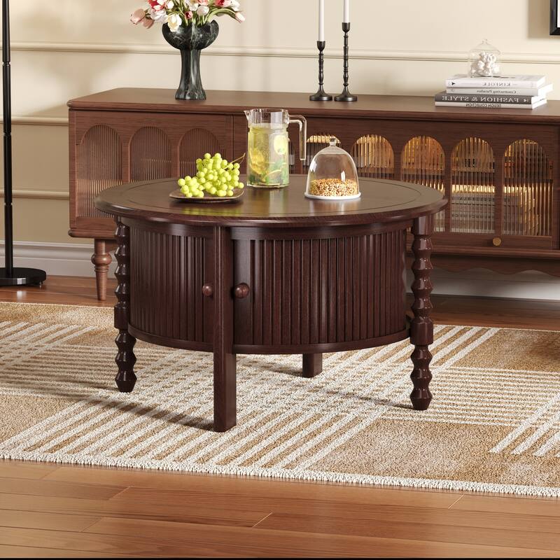 Round Slatted Coffee Table Accent Table with Storage Shelf, Modern Cocktail Table End Table with Sliding Door