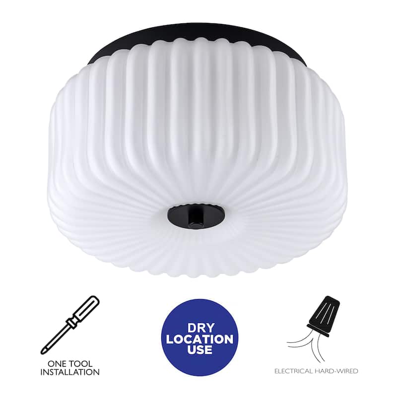 C Cattleya Black Flush Mount Ceiling Light with White Ribbed Glass