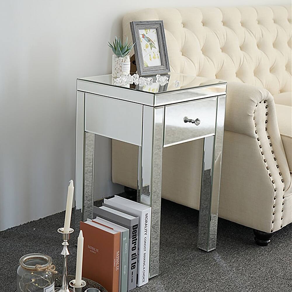 Modern 1 Drawer Mirrored Nightstand Bedside Table