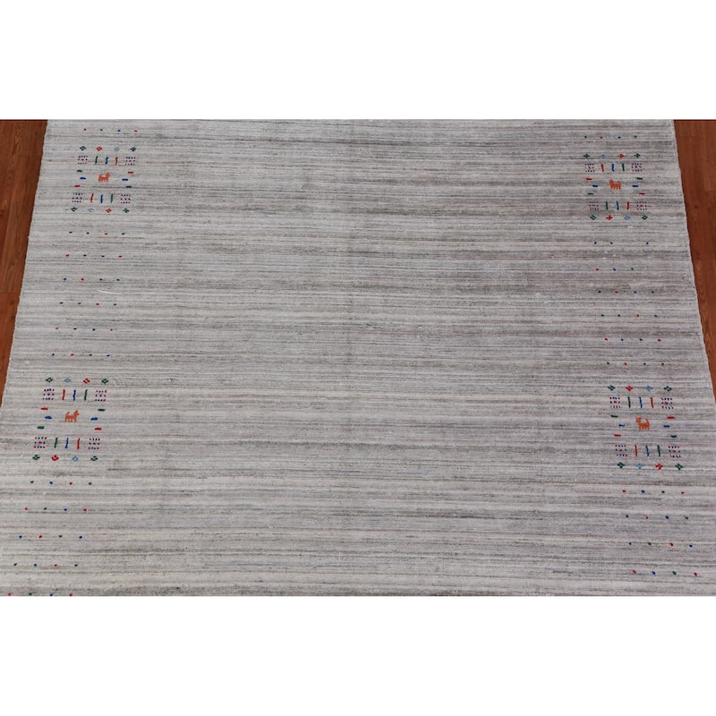 Hand Knotted Oriental Viscose Silk Carpet Tribal Stripe Greys & Charcoal Gabbeh Area Rug - 9' 11'' X 7' 10''